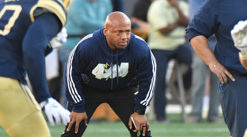 Georgia Tech running backs coach Mike Daniels watches during the 2022 spring game at Georgia Tech's Bobby Dodd Stadium in Atlanta on Thursday, March 17, 2022. (Hyosub Shin / Hyosub.Shin@ajc.com)