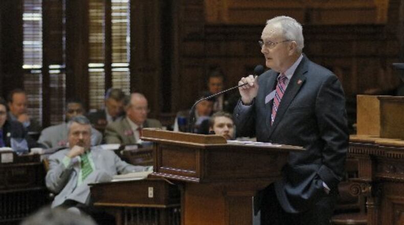Feb. 23 2017 - Atlanta - House Rules Committee Chairman John Meadows, R-Calhoun, speaks from the House well in support of a bill to create new regulations for fracking. Legislation approved in the state House on Thursday would create Georgia’s first new fracking regulations in a generation. The 23nd day of the 2017 Georgia General Assembly. BOB ANDRES /BANDRES@AJC.COM