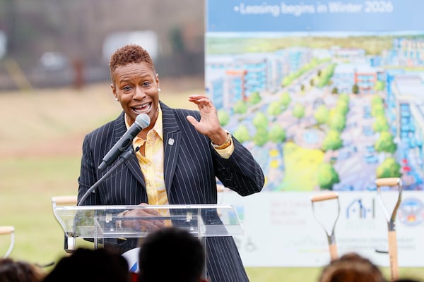 The president and CEO of Atlanta Housing, Terri M. Lee, speaks during the groundbreaking ceremony for the mixed-homes redevelopment of Bowen Homes phase 1 on Wednesday, March 5, 2025.
(Miguel Martinez/ AJC)