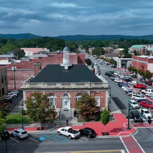 The Carpet and Rug Institute building, center, in downtown Dalton, Ga., on Sept. 30, 2025. (Miguel Martinez/Atlanta Journal-Constitution via AP)
