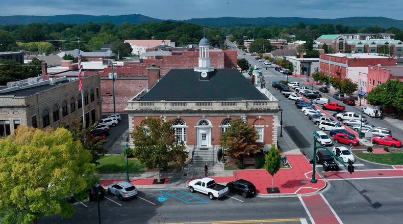 The Carpet and Rug Institute building, center, in downtown Dalton, Ga., on Sept. 30, 2025. (Miguel Martinez/Atlanta Journal-Constitution via AP)