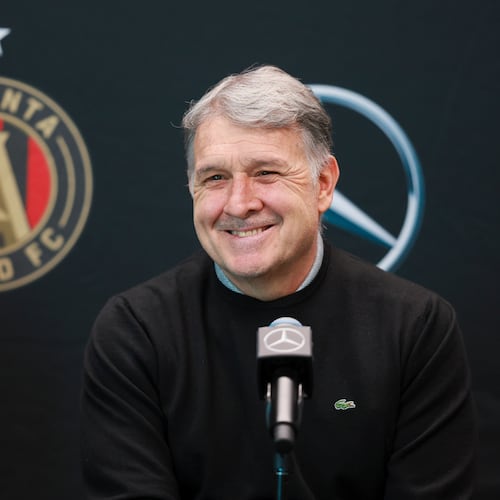 Gerardo “Tata” Martino is introduced as Atlanta United's new manager during a news conference on Thursday, Nov. 13, 2025, in Marietta. (Jason Getz/AJC)
