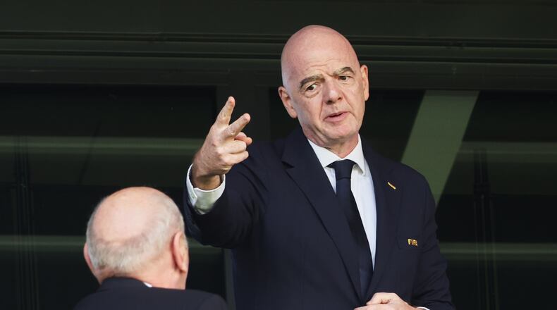 FIFA President Gianni Infantino gestures as he attends the Women's U20 World Cup opening match between Poland and Argentina in Katowice, Poland, Saturday, Sept. 5, 2026. (AP Photo/Beata Zawrzel)