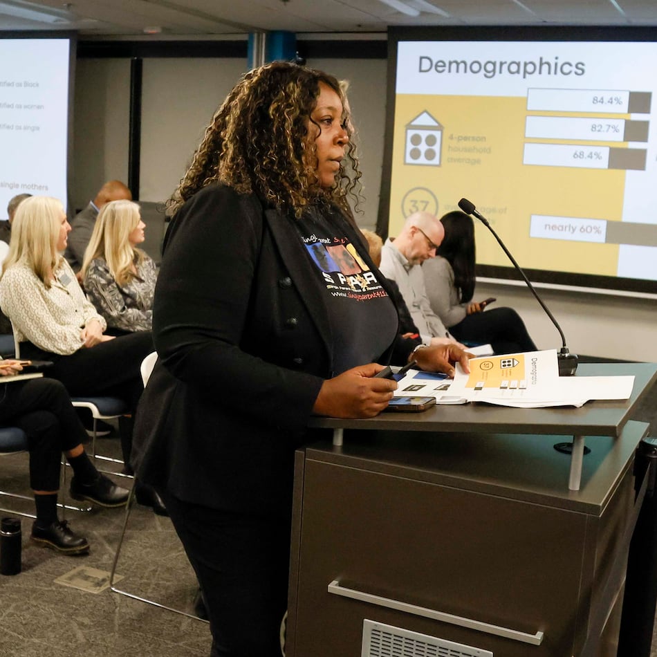 Joy Monroe, founder/CEO of SPARC (Single Parent Alliance & Resource Center), speaks during the DeKalb County Board of Commissioners' hearing on the study of families living in extended-stay hotels on Tuesday, Jan. 6, 2026. (Miguel Martinez/AJC)