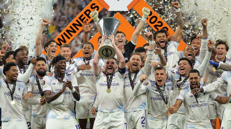 Aston Villa players celebrate as they win the Europa League final soccer match between Freiburg and Aston Villa in Istanbul, Turkey, Thursday, May 21, 2026. (AP Photo)