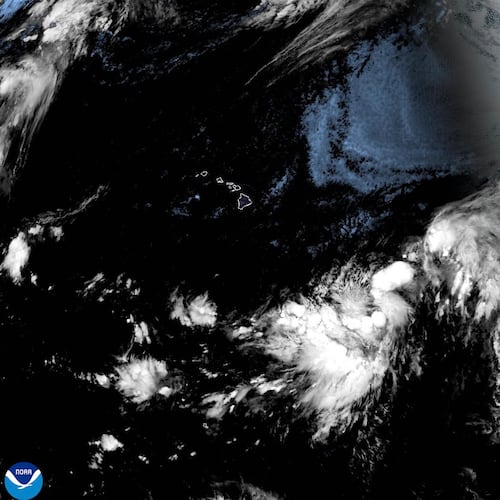 This NOAA satellite image taken at 11:38 a.m. EST on Wednesday, Aug. 12, 2026, shows a Potential Tropical Cyclone One-C, about 1,000-miles east-southeast of the Hawaiian Islands. (NOAA via AP)