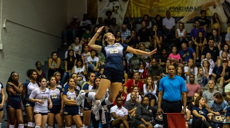 Georgia Tech's volleyball team, including freshman middle blocker Kayla Kaiser, may benefit from software developed by four fellow Tech students (and one from Georgia State) to help coaches and staff understand data collected on team members' jumping activity in practices and games. (GT Athletics/Danny Karnik)