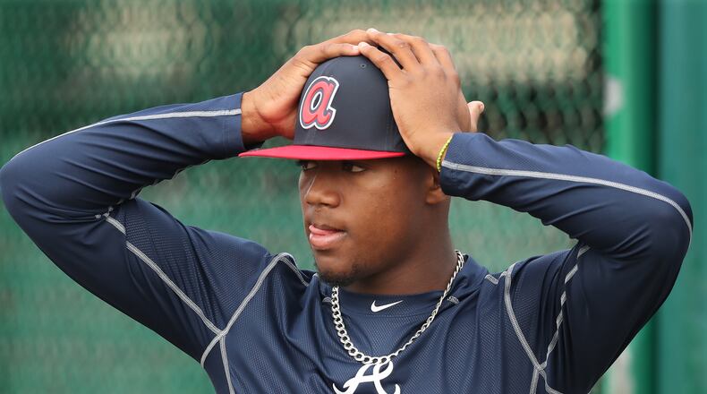 Ronald Acuna had a seven-game hitting streak snapped Thursday but showed off another of his tools -- outstanding defense. (Curtis Compton/ccompton@ajc.com)