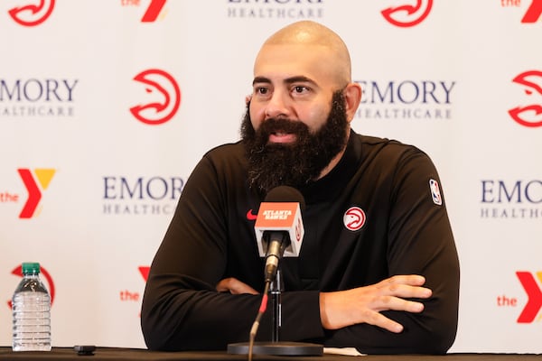 Atlanta Hawks General Manager Onsi Saleh speaks at a press conference at State Farm Arena in Atlanta on Friday, September 26, 2025. (Abbey Cutrer/AJC) 