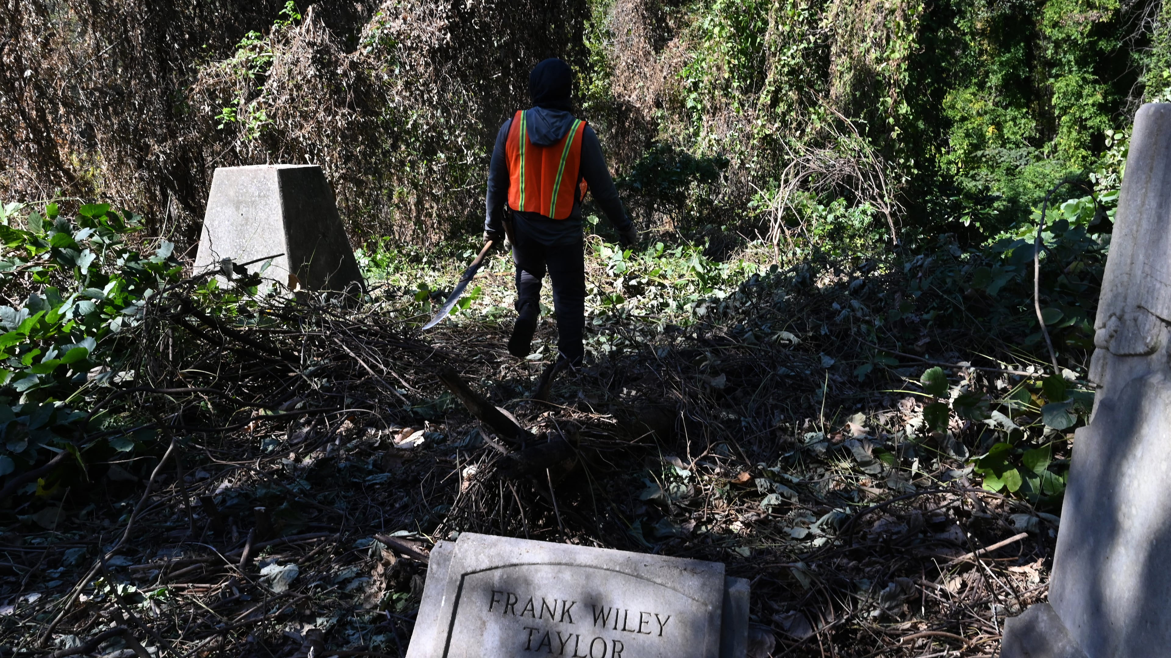 Yusuf Shabazz with Devine GA, clears up decades of kudzu and ivy choking the site of Hollywood Cemetery, 70 acres of abandoned grounds that had been left in neglect for decades, Friday, Oct. 24, 2025, in Atlanta. (Hyosub Shin / AJC)