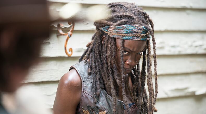 Danai Gurira as Michonne - The Walking Dead _ Season 5, Episode 8 - Photo Credit: Gene Page/AMC Michonne helps save Gabriel from a self-created crisis. CREDIT: AMC