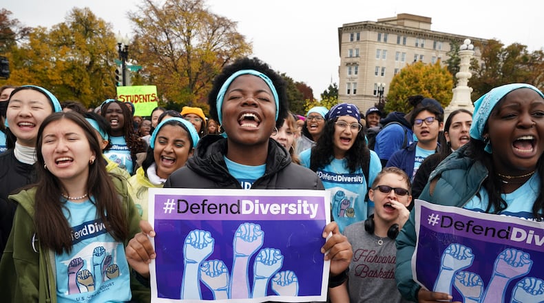 Activists rally outside the U.S. Supreme Court in Washington, D.C. on Monday, Oct. 31, 2022, as the justices hear oral arguments in the affirmative action cases involving Harvard and the University of North Carolina at Chapel Hill. (Shuran Huang/The New York Times)