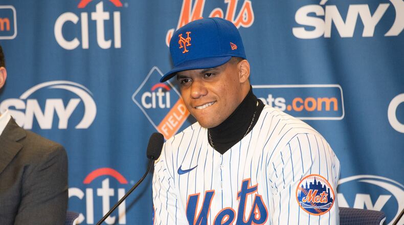 The New York Mets introduce Juan Soto at a news conference at Citi Field in Queens, New York, on Thursday, Dec. 12, 2024. (Gardiner Anderson/New York Daily News/TNS)
