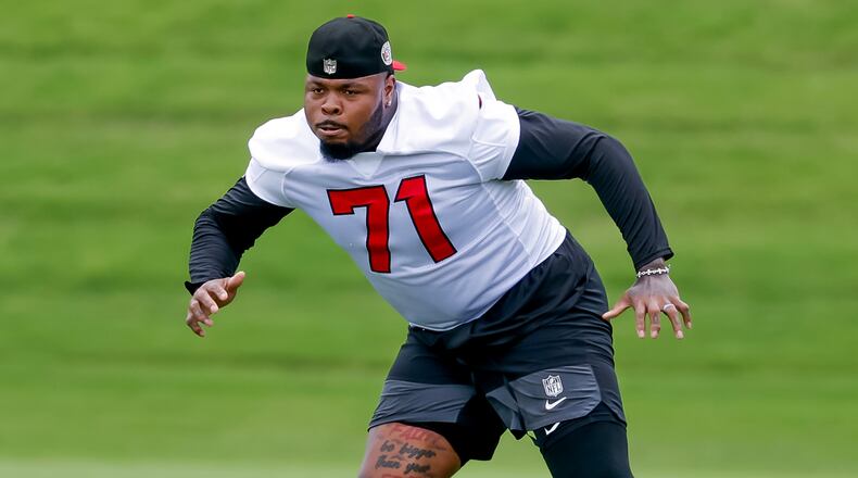 Falcons offensive tackle Jawaan Taylor practices Monday, June 8, 2026, in Flowery Branch. (Erik S. Lesser for the AJC)