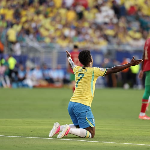 Brazil's Vinicius Junior (7) reacts after being tripped in the first half during the World Cup Group C soccer match between Brazil and Morocco in East Rutherford, N.J., near New York, Saturday, June 13, 2026. (AP Photo/Adam Hunger)