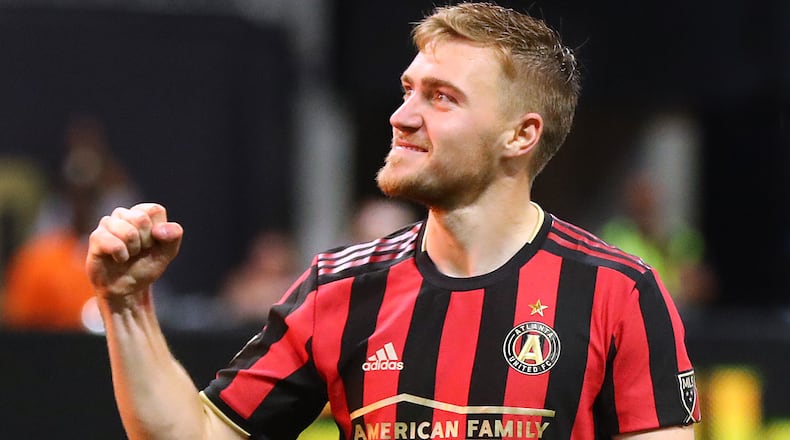 Atlanta United midfielder Julian Gressel celebrates his apparent goal during the second half against Orlando City Sunday, May 12, 2019, in Atlanta. The goal was taken off the board after review, but Atlanta United held on to win the game 1-0.