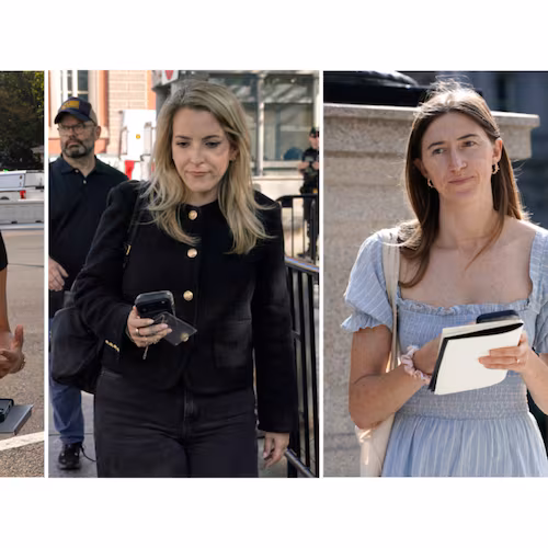 This combination of photos shows MS NOW White House reporter Akayla Gardne, from left, CNN Senior White House Reporter Betsy Klein and Politico White House reporter Cheyenne Haslett near the White House complex after all were denied entry to the White House and had credentials confiscated following President Donald Trump's ban on CNN, MS NOW and Politico, Saturday, Sept. 19, 2026, in Washington. (AP Photos/Jose Luis Magana)