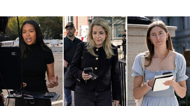 This combination of photos shows MS NOW White House reporter Akayla Gardne, from left, CNN Senior White House Reporter Betsy Klein and Politico White House reporter Cheyenne Haslett near the White House complex after all were denied entry to the White House and had credentials confiscated following President Donald Trump's ban on CNN, MS NOW and Politico, Saturday, Sept. 19, 2026, in Washington. (AP Photos/Jose Luis Magana)
