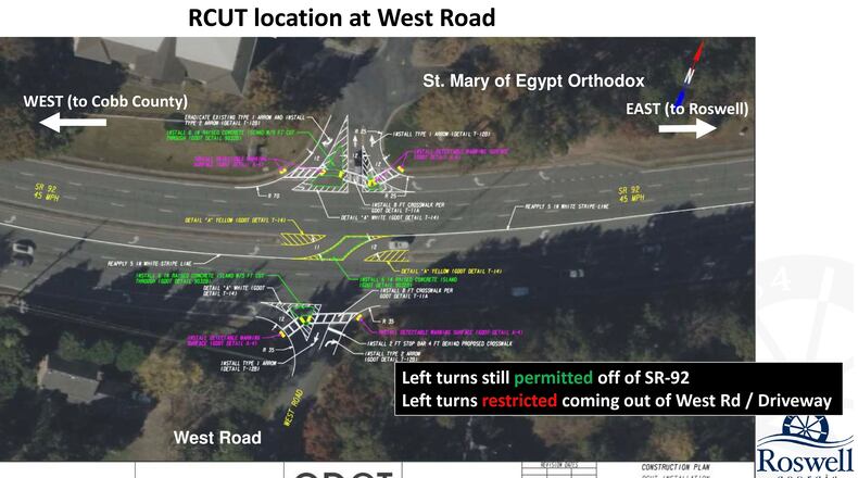 GDOT will convert Ga. 92 at West Road to a Restricted Crossing U-turn (RCUT) intersection. COURTESY CITY OF ROSWELL