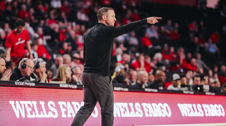 Georgia coach Mike White directs his players is during the Bulldogs' last home game against LSU at Stegeman Coliseum in Athens on Tuesday, Feb. 14, 2023. (Olivia Wilson/UGA Athletics Association)