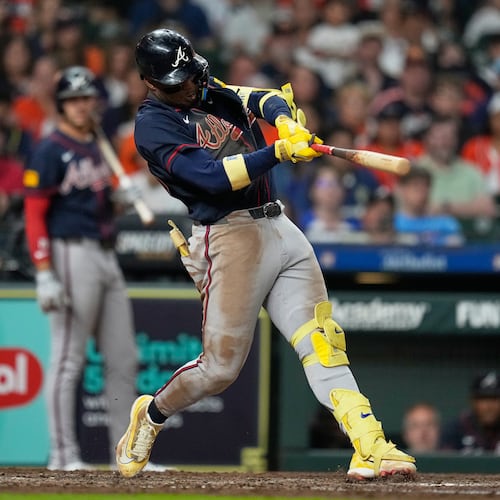 Atlanta Braves' Ronald Acuña Jr. hits a grand slam during the seventh inning of a baseball game against the Houston Astros in Houston, Saturday, Sept. 19, 2026. (AP Photo/Ashley Landis)