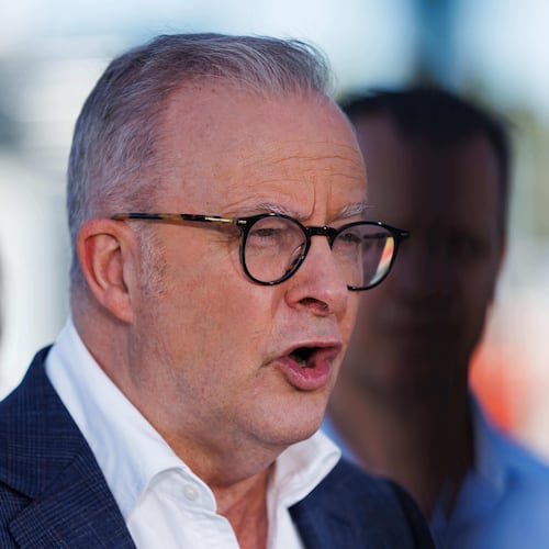Australian Prime Minister Anthony Albanese speaks during a press conference at the Ampol Lytton Refinery, in Brisbane, Thursday, April 9, 2026. (Russell Freeman/AAP Image via AP)
