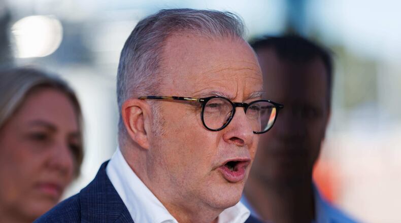 Australian Prime Minister Anthony Albanese speaks during a press conference at the Ampol Lytton Refinery, in Brisbane, Thursday, April 9, 2026. (Russell Freeman/AAP Image via AP)
