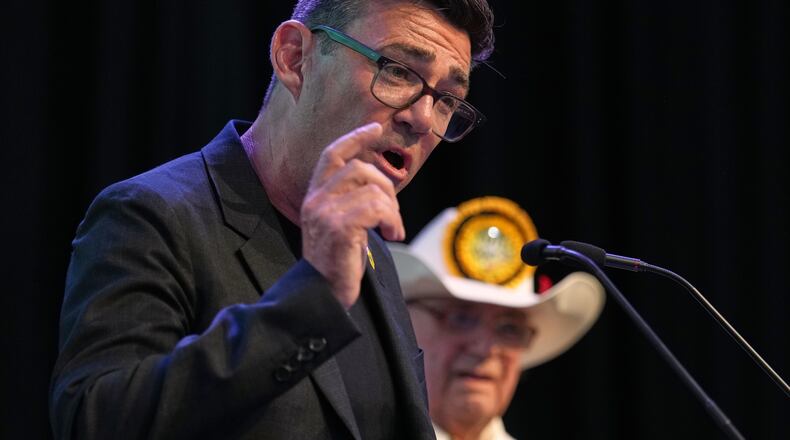 Labour party's Andy Burnham speaks after winning the Makerfield by-election, paving the way for a leadership challenge against Prime Minister Sir Keir Starmer. in Wigan, England, Friday, June 19, 2026.(AP Photo/Jon Super)