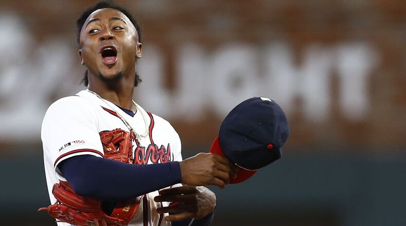 Ozzie Albies reacts after the game against the San Diego Padres at SunTrust Park on April 29, 2019 in Atlanta, Georgia. (Photo by Mike Zarrilli/Getty Images)