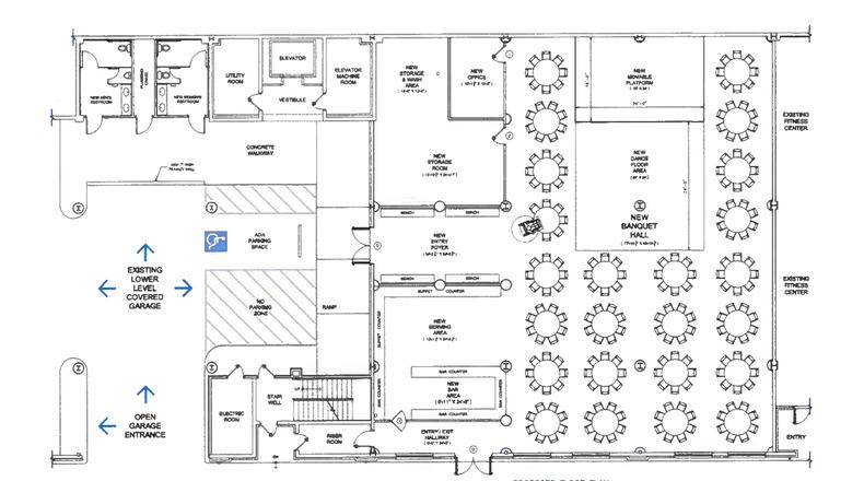 The recently approved special events facility in Alpharetta is in the basement level of the shopping center and can be accessed from the main level by an elevator, as well as at the rear of the building through the basement level parking deck. (Courtesy City of Alpharetta)