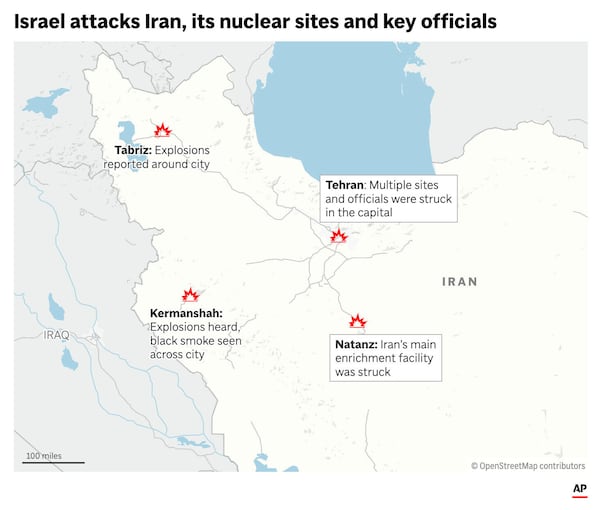The map above shows confirmed attacks by Israel on Iran and its nuclear facilities. (AP Graphic)