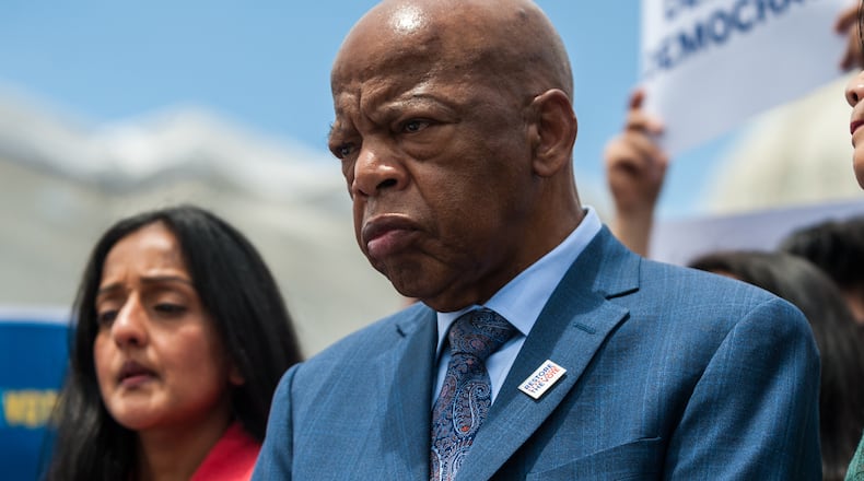 FILE -- Rep. John Lewis (D-Ga.) speaks on voting rights outside the Capitol in Washington, June 25, 2019. Lewis, a son of sharecroppers and apostle of nonviolence who was bloodied at Selma and across the Jim Crow South in the historic struggle for racial equality and then carried a mantle of moral authority into Congress, died on Friday, July 17, 2020. He was 80. (Michael A. McCoy/The New York Times)