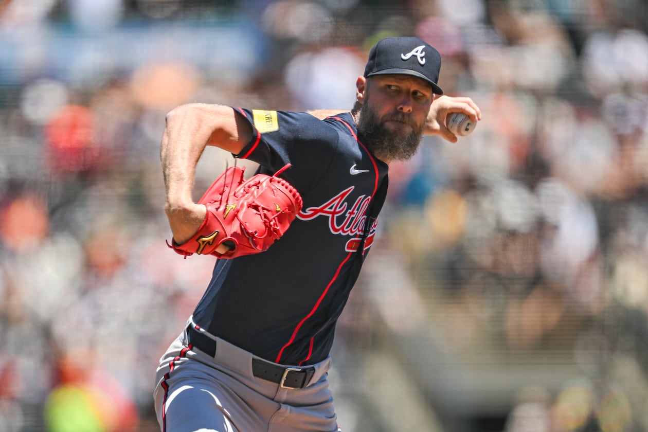Atlanta Braves pitcher Chris Sale throws to a San Francisco Giants batter during the first inning of a baseball game, Sunday, June 28, 2026, in San Francisco (AP Photo/Justine Willard)