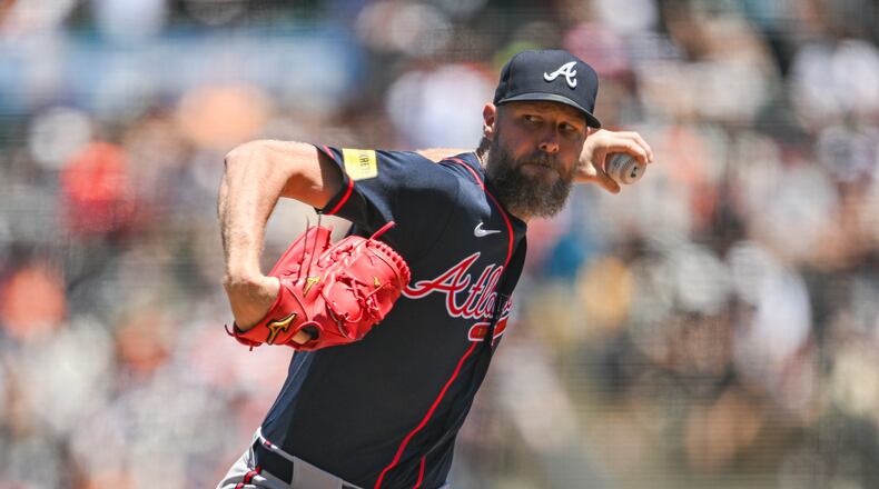 Atlanta Braves pitcher Chris Sale throws to a San Francisco Giants batter during the first inning of a baseball game, Sunday, June 28, 2026, in San Francisco (AP Photo/Justine Willard)