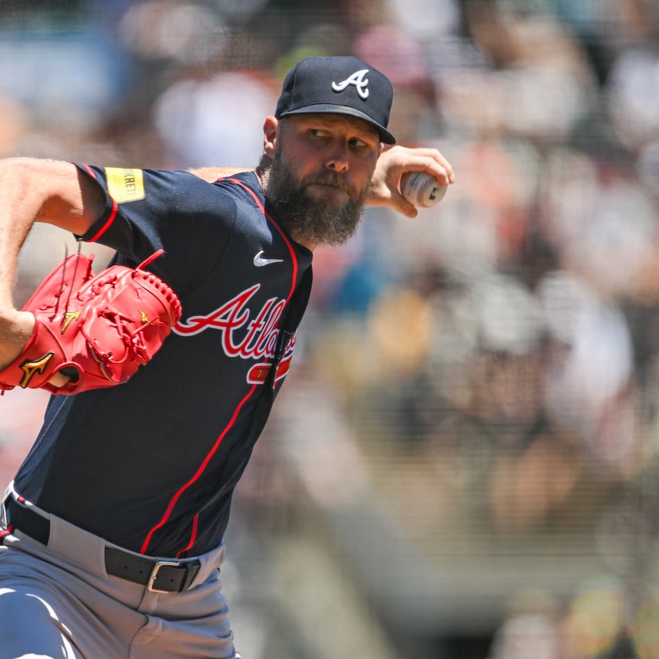 Atlanta Braves pitcher Chris Sale throws to a San Francisco Giants batter during the first inning of a baseball game, Sunday, June 28, 2026, in San Francisco (AP Photo/Justine Willard)