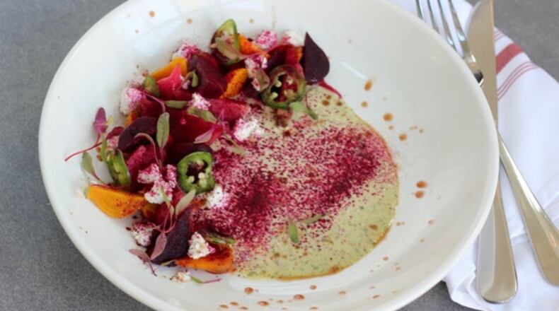 Roasted beet salad with chevre, coriander crème fraiche. Credit: Amara.