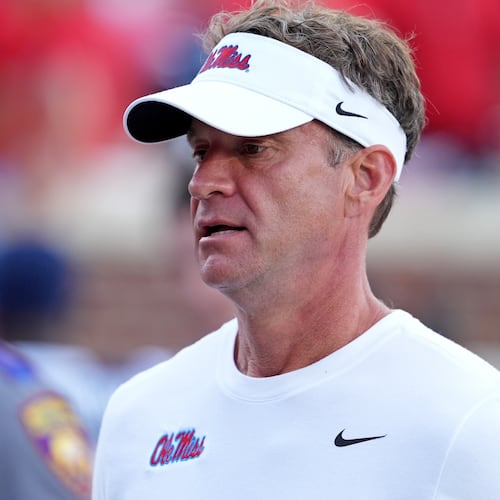 Mississippi head coach Lane Kiffin leave the field following an NCAA college football game against The Citadel, Saturday, Nov. 8, 2025, in Oxford, Miss. (AP Photo/Rogelio V. Solis)