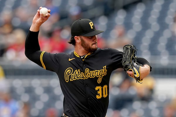 Pittsburgh Pirates pitcher Paul Skenes delivers during the first inning of a baseball game against the St. Louis Cardinals, Tuesday, July 1, 2025, in Pittsburgh. (AP Photo/Matt Freed)