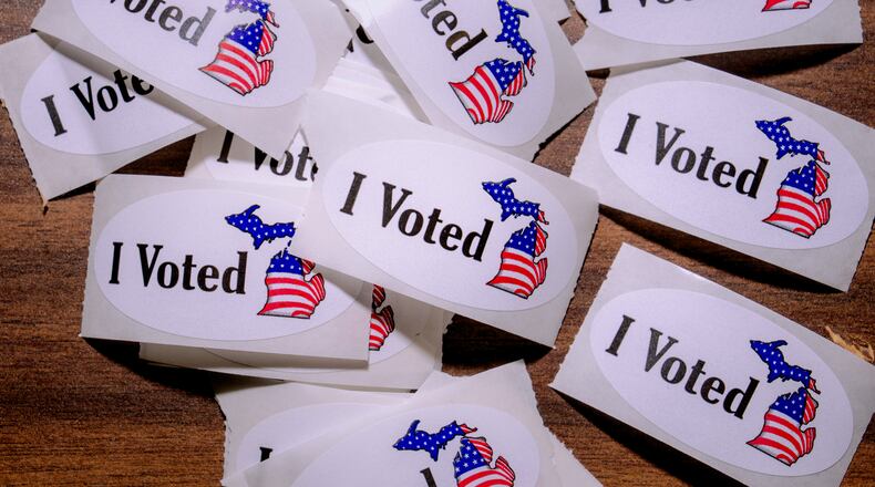 A close-up view of "I Voted" stickers at Maples Elementary School on primary election day, Tuesday, Aug. 4, 2026, in Dearborn, Mich. (AP Photo/Nic Antaya) CORRECTION: Corrects location to Dearborn NOT Detroit