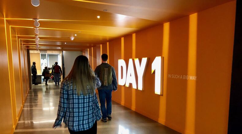 A corridor inside Amazon’s Day 1 tower at its headquarters in Seattle. Amazon’s growth has brought tens of thousands of jobs to Seattle’s downtown. Now, the company is contemplating locating a second headquarters in another city. Atlanta is one of the places in the running for it. (Scott Trubey / Scott.Trubey@ajc.com)