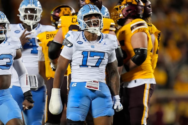 FILE - North Carolina linebacker Amare Campbell (17) celebrates after sacking Minnesota quarterback Max Brosmer during the first half of an NCAA college football game Thursday, Aug. 29, 2024, in Minneapolis. (AP Photo/Abbie Parr, File)