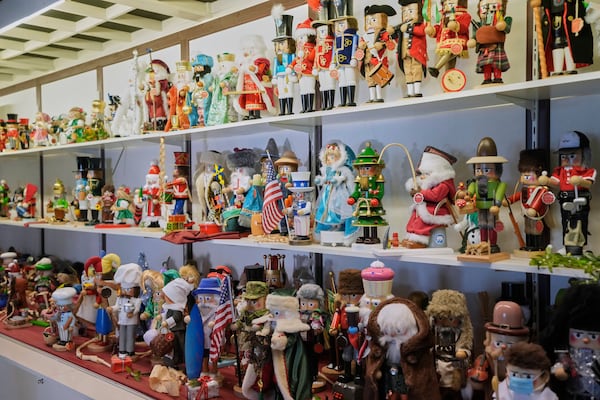 Nutcrackers are displayed at the Steinbach-Volkskunst nutcracker factory in Marienberg, Germany, Tuesday, April 15, 2025. (AP Photo/Markus Schreiber)
