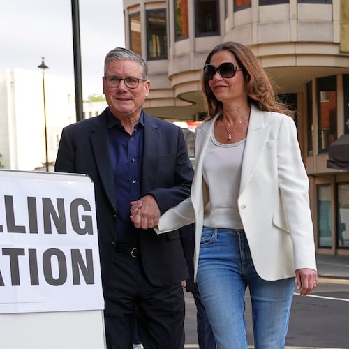 Britain's Prime Minister Keir Starmer and wife Victoria arrive at a polling station in central London, Thursday, May 7, 2026 to cast their votes in the local elections.(AP Photo/Kirsty Wigglesworth)