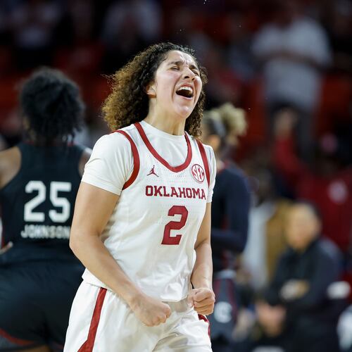 Oklahoma guard Aaliyah Chavez (2) celebrates after scoring against South Carolina during the second half of an NCAA college basketball game Thursday, Jan. 22, 2026 in Norman, Okla. (AP Photo/Alonzo Adams)