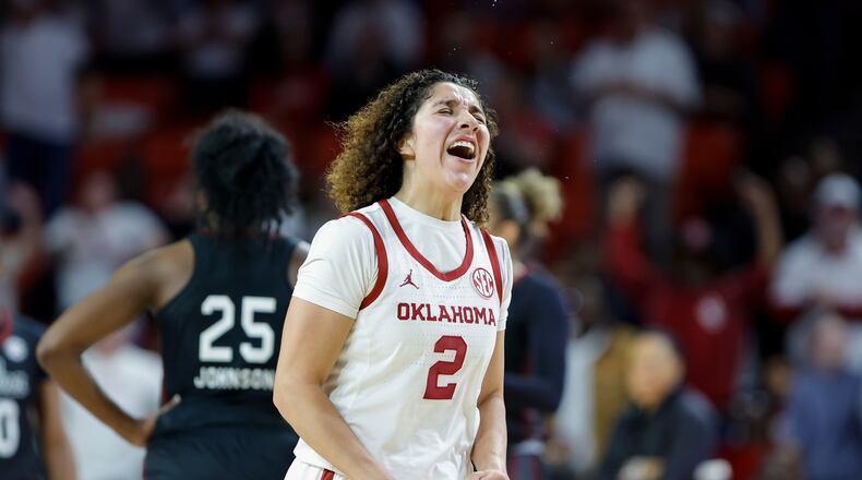 Oklahoma guard Aaliyah Chavez (2) celebrates after scoring against South Carolina during the second half of an NCAA college basketball game Thursday, Jan. 22, 2026 in Norman, Okla. (AP Photo/Alonzo Adams)