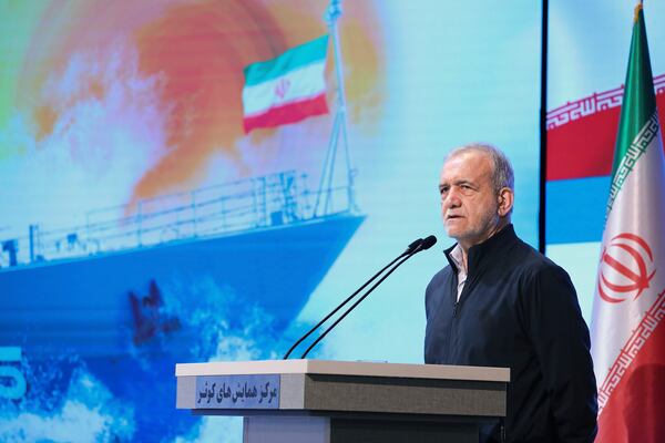 In this photo released by the Iranian Presidency Office, President Masoud Pezeshkian speaks to navy officials, in Tehran, Iran, Saturday, May 17, 2025. (Iranian Presidency Office via AP)