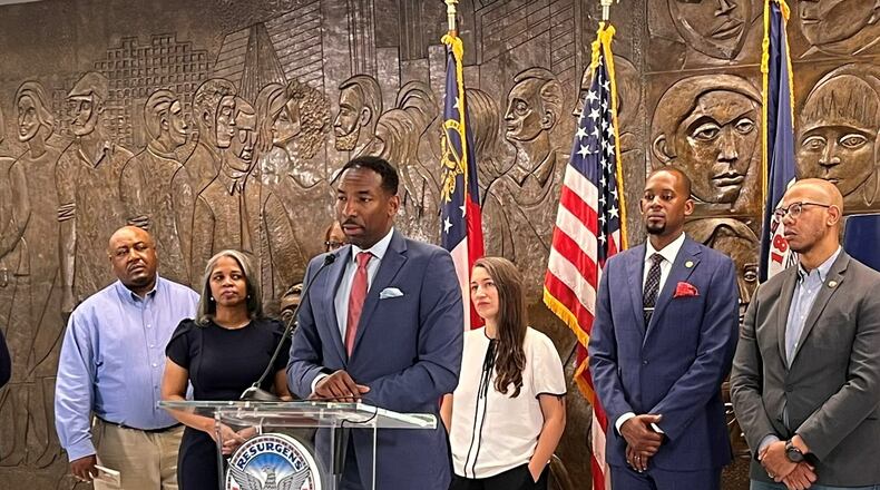 On Thursday, Mayor Andre Dickens, along with Partners for Home announced the city homeless population has decreased. (Jillian Price/AJC)
