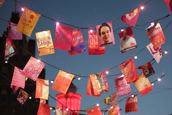 Above Bourbon Street is an installation called "Second Line in the Sky," which honors the victims of the Jan. 1, 2025, terrorist attack in New Orleans. (Jason Getz/AJC)