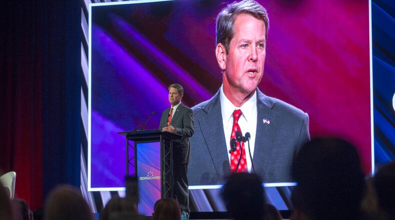 Brian Kemp speaks during the Georgia Chamber of Commerce's Congressional Luncheon. (ALYSSA POINTER/ALYSSA.POINTER@AJC.COM)
