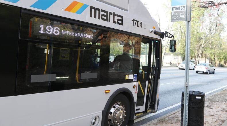 A woman was struck by a MARTA bus Tuesday evening, authorities said. She was taken to the hospital after complaining of a foot injury.